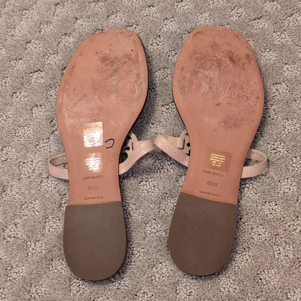 Tory Burch Square Toed Miller Sandal Leather Seashell Pink Gold Toned Logo 8 1/2 - Picture 5 of 10
